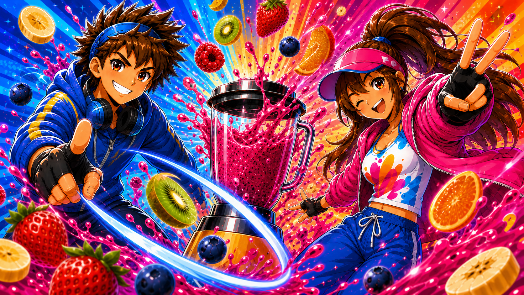 Smoothie Slicer boy and girl in a bright fruit-splash arcade scene