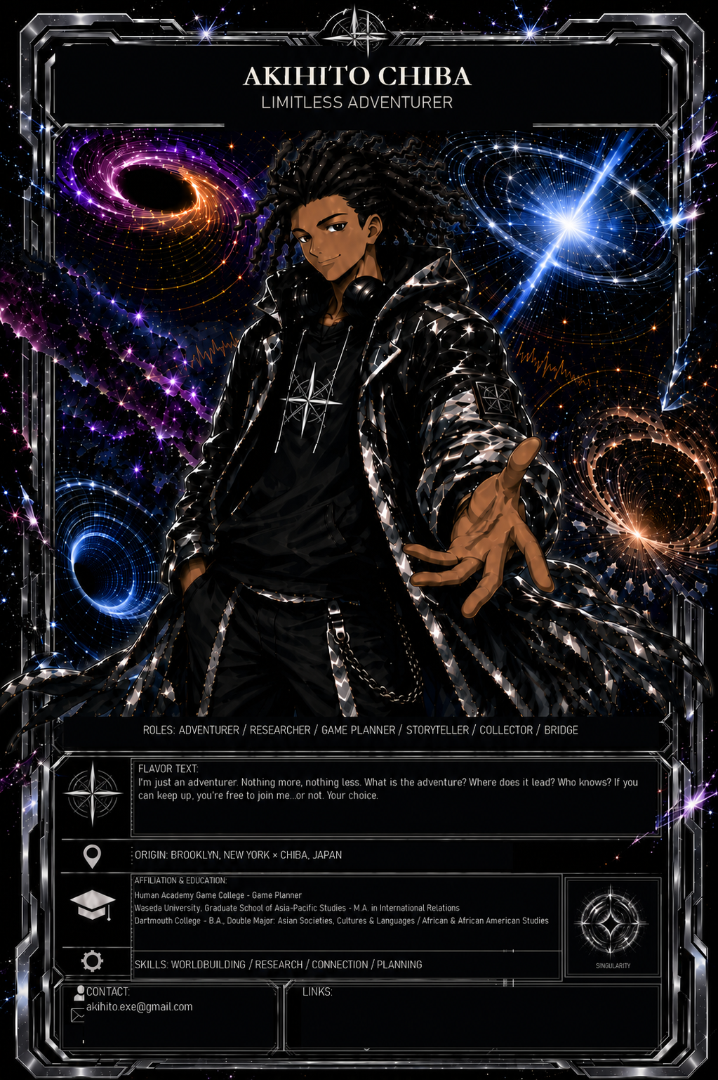 Approved v19 Overframe Akihito LEXICON card in English with the silver-and-black Singularity emblem